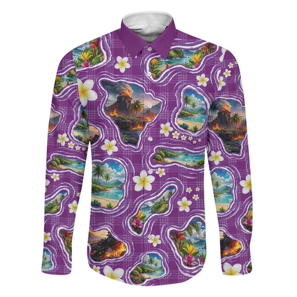 Hawaiian Island Shapes-Iconic Landscape Family Matching Off Shoulder Maxi Dress and Hawaiian Shirt with Plumeria and Palaka Purple Color LT03 Dad's Shirt - Long Sleeve Purple - Polynesian Pride