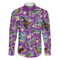 Hawaiian Island Shapes-Iconic Landscape Family Matching Off Shoulder Maxi Dress and Hawaiian Shirt with Plumeria and Palaka Purple Color LT03 Dad's Shirt - Long Sleeve Purple - Polynesian Pride