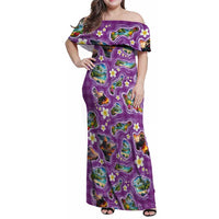 Hawaiian Island Shapes-Iconic Landscape Family Matching Off Shoulder Maxi Dress and Hawaiian Shirt with Plumeria and Palaka Purple Color LT03 Mom's Dress Purple - Polynesian Pride