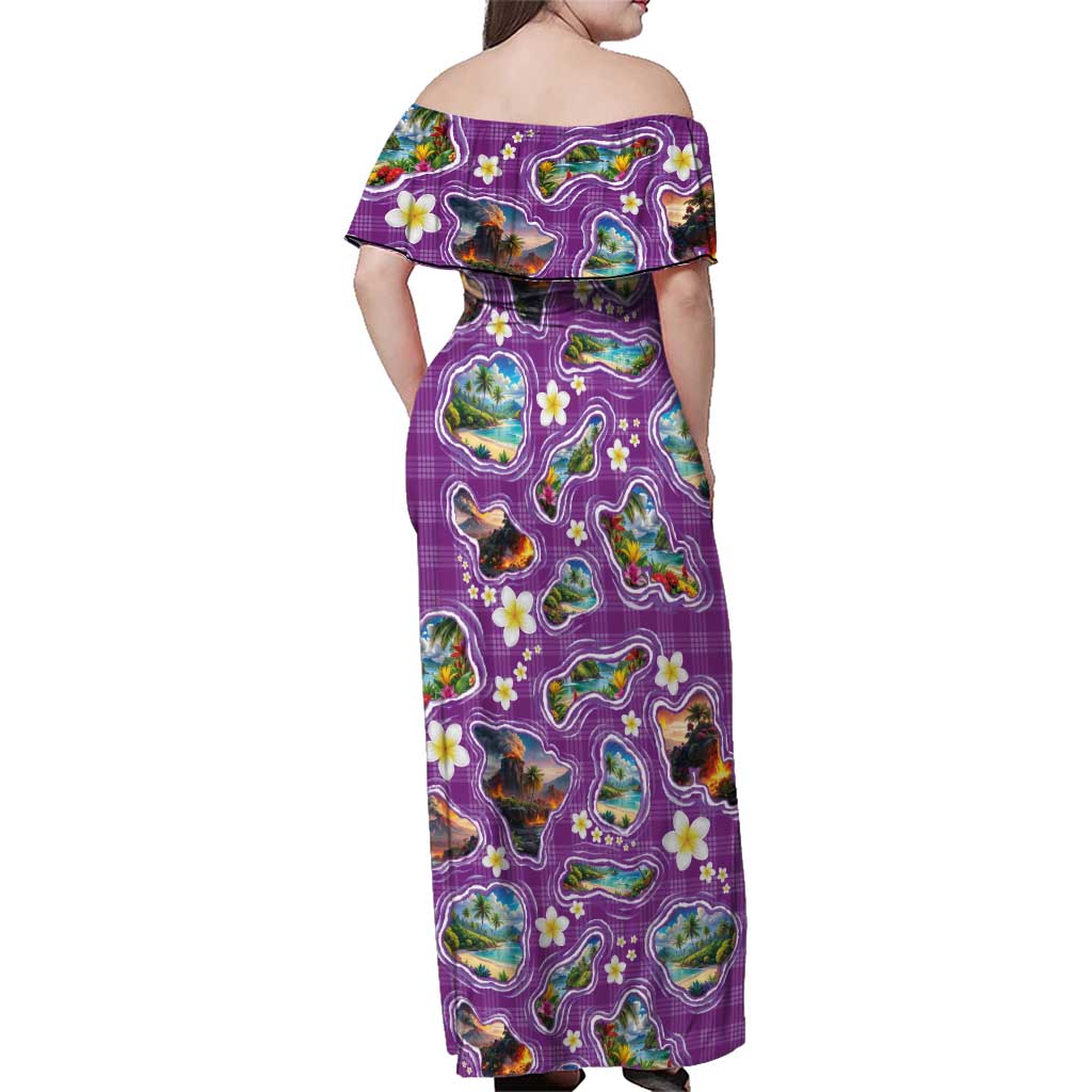 Hawaiian Island Shapes-Iconic Landscape Family Matching Off Shoulder Maxi Dress and Hawaiian Shirt with Plumeria and Palaka Purple Color LT03 - Polynesian Pride