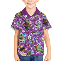 Hawaiian Island Shapes-Iconic Landscape Family Matching Off Shoulder Maxi Dress and Hawaiian Shirt with Plumeria and Palaka Purple Color LT03 Son's Shirt Purple - Polynesian Pride