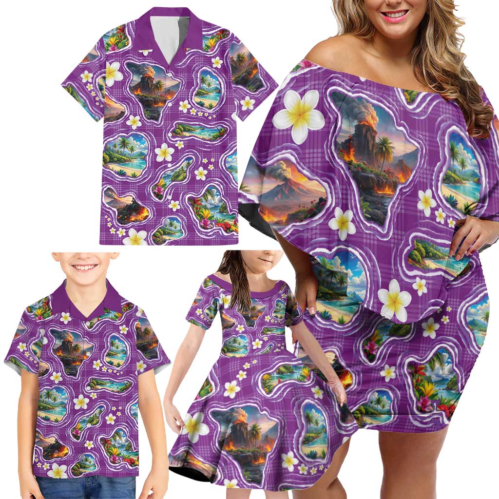 Hawaiian Island Shapes-Iconic Landscape Family Matching Off Shoulder Short Dress and Hawaiian Shirt with Plumeria and Palaka Purple Color LT03 - Polynesian Pride