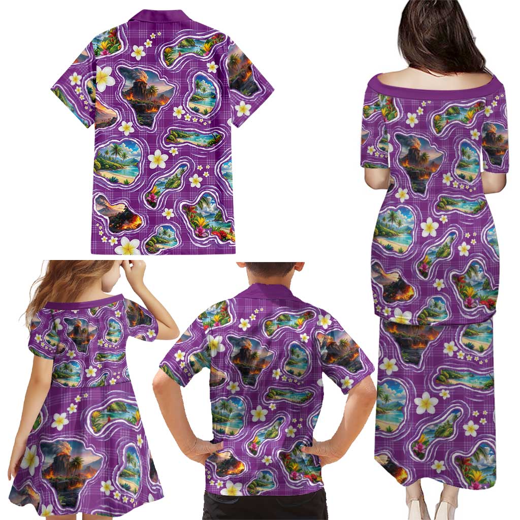 Hawaiian Island Shapes-Iconic Landscape Family Matching Puletasi and Hawaiian Shirt with Plumeria and Palaka Purple Color LT03 - Polynesian Pride
