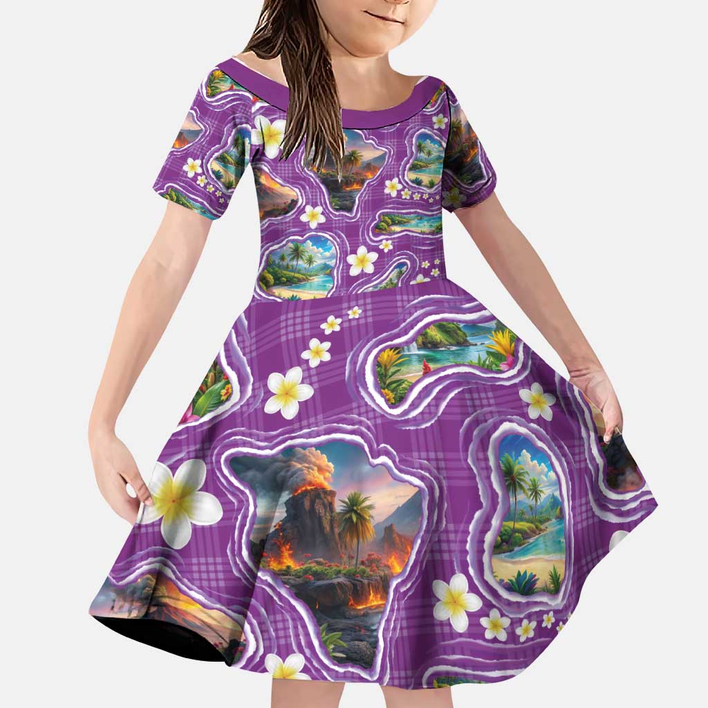 Hawaiian Island Shapes-Iconic Landscape Family Matching Short Sleeve Bodycon Dress and Hawaiian Shirt with Plumeria and Palaka Purple Color LT03 Daughter's Dress Purple - Polynesian Pride