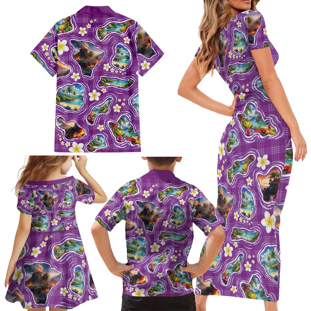 Hawaiian Island Shapes-Iconic Landscape Family Matching Short Sleeve Bodycon Dress and Hawaiian Shirt with Plumeria and Palaka Purple Color LT03 - Polynesian Pride