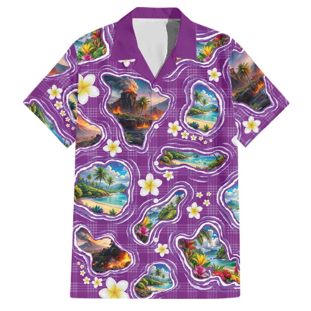Hawaiian Island Shapes-Iconic Landscape Family Matching Tank Maxi Dress and Hawaiian Shirt with Plumeria and Palaka Purple Color LT03 Dad's Shirt - Short Sleeve Purple - Polynesian Pride