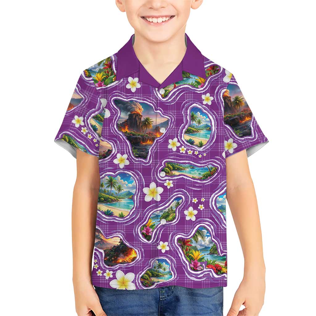Hawaiian Island Shapes-Iconic Landscape Family Matching Tank Maxi Dress and Hawaiian Shirt with Plumeria and Palaka Purple Color LT03 Son's Shirt Purple - Polynesian Pride