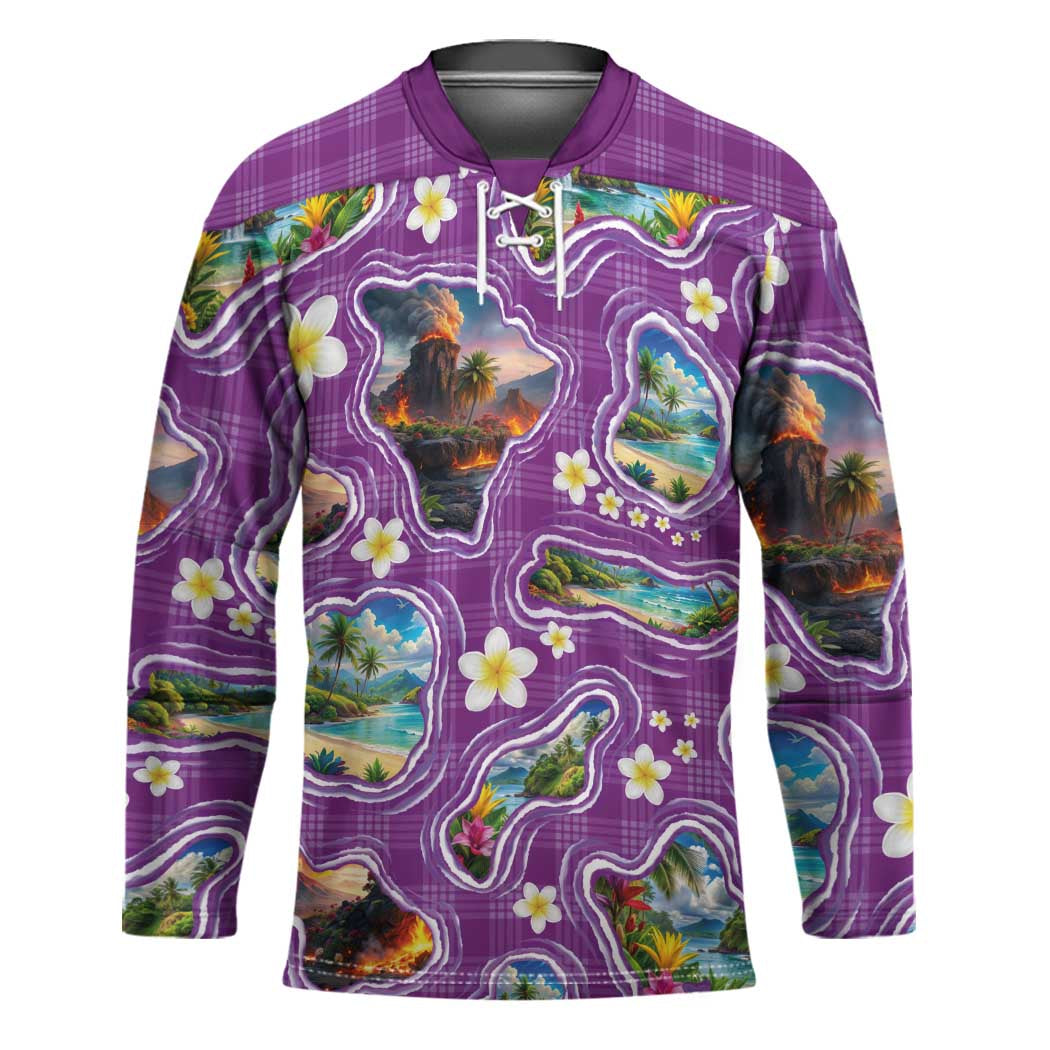 Hawaiian Island Shapes-Iconic Landscape Hockey Jersey with Plumeria and Palaka Purple Color