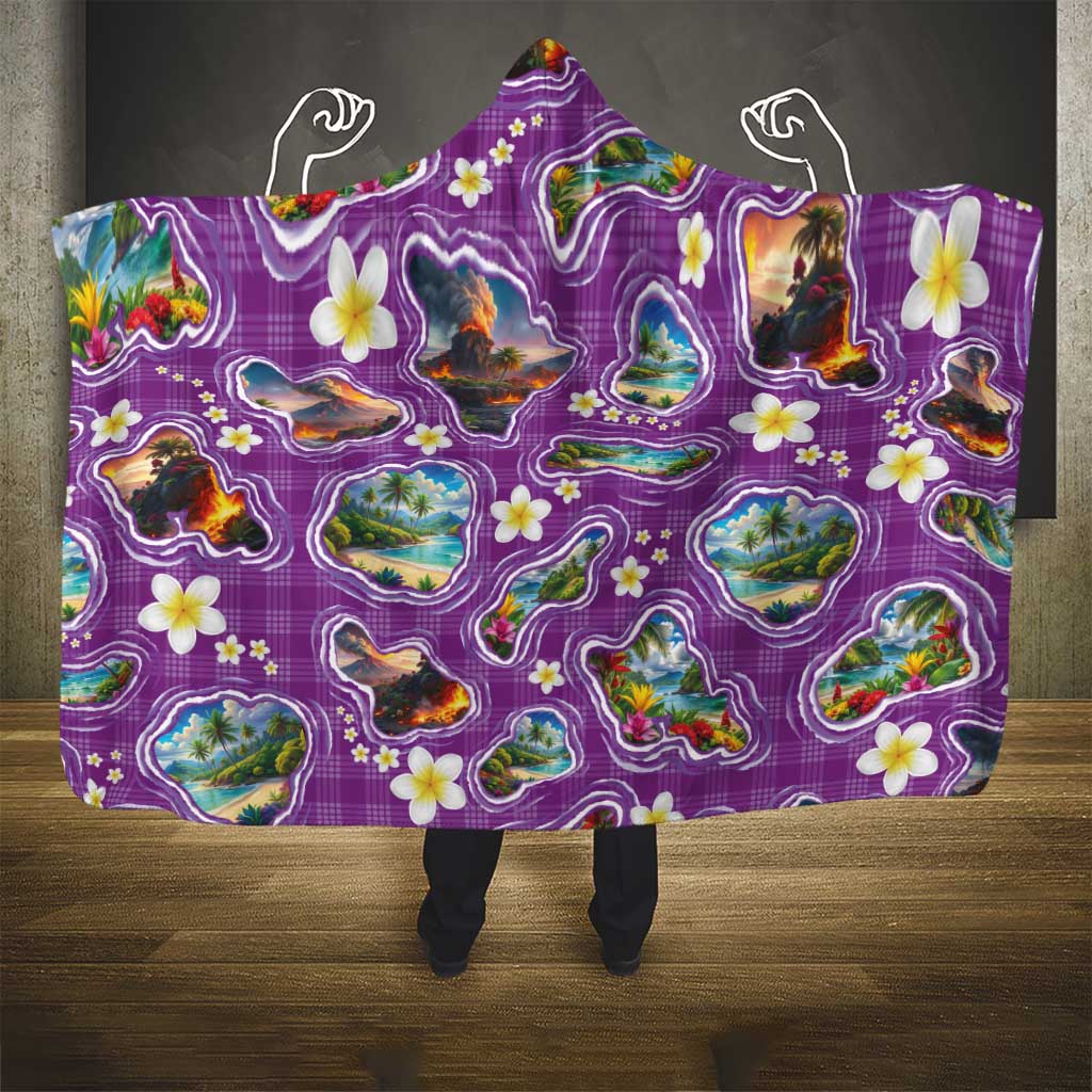 Hawaiian Island Shapes-Iconic Landscape Hooded Blanket with Plumeria and Palaka Purple Color LT03 - Polynesian Pride