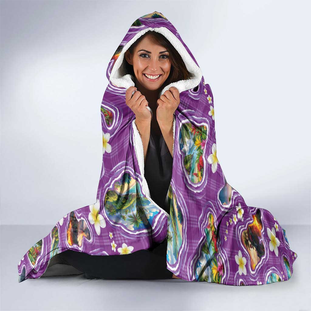 Hawaiian Island Shapes-Iconic Landscape Hooded Blanket with Plumeria and Palaka Purple Color LT03 - Polynesian Pride