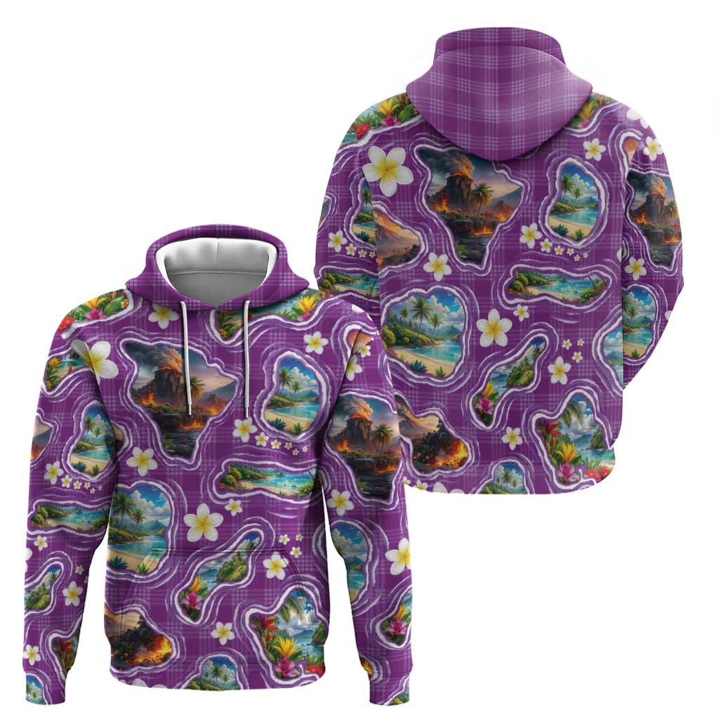 Hawaiian Island Shapes-Iconic Landscape Hoodie with Plumeria and Palaka Purple Color LT03 - Polynesian Pride