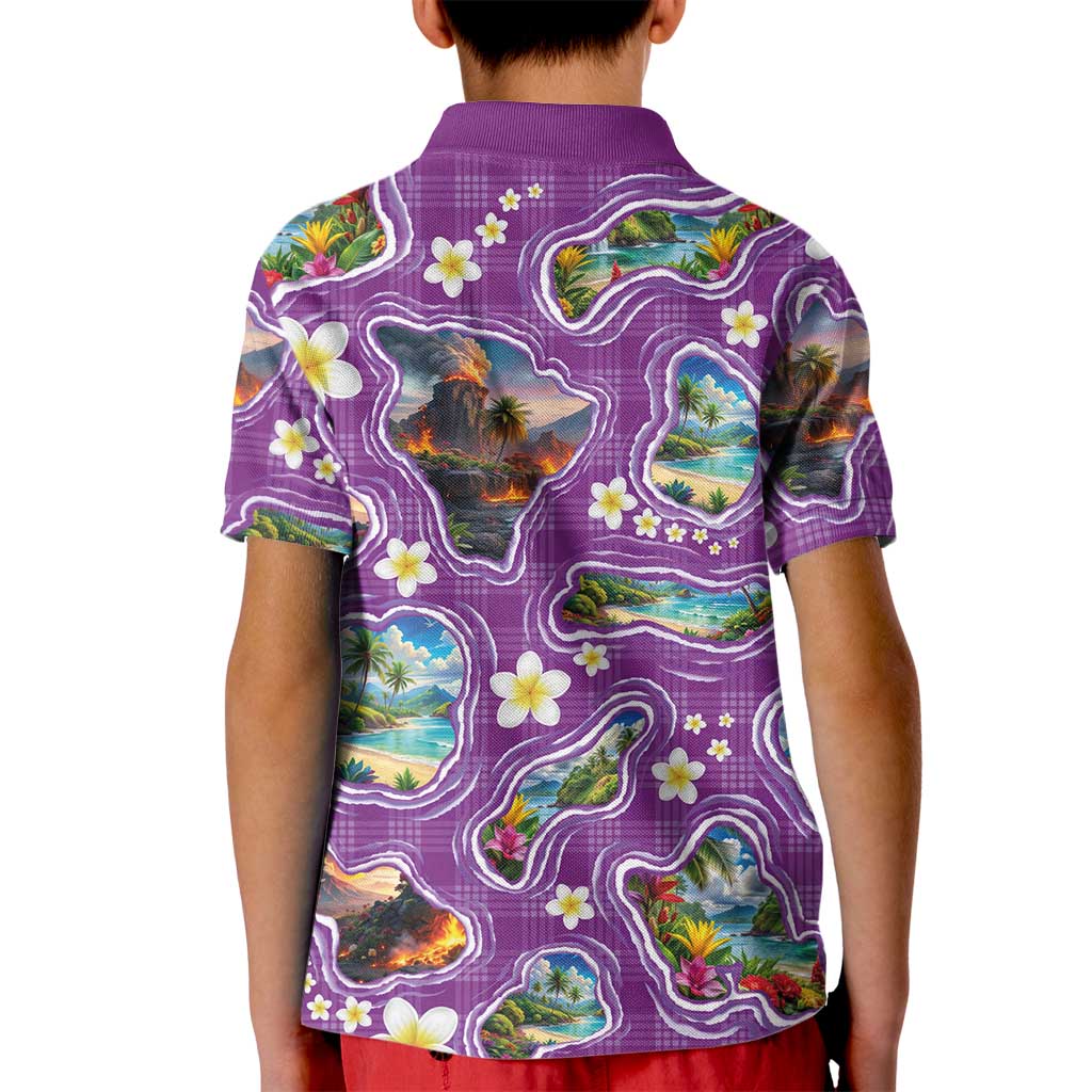 Hawaiian Island Shapes-Iconic Landscape Kid Polo Shirt with Plumeria and Palaka Purple Color LT03 - Polynesian Pride