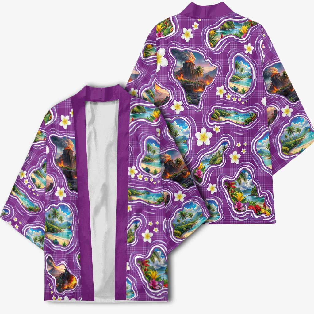 Hawaiian Island Shapes-Iconic Landscape Kimono with Plumeria and Palaka Purple Color LT03 - Polynesian Pride