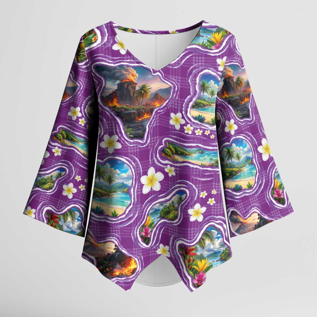 Hawaiian Island Shapes-Iconic Landscape Kimono Sleeve Blouse with Plumeria and Palaka Purple Color