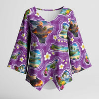 Hawaiian Island Shapes-Iconic Landscape Kimono Sleeve Blouse with Plumeria and Palaka Purple Color LT03 Female Purple - Polynesian Pride
