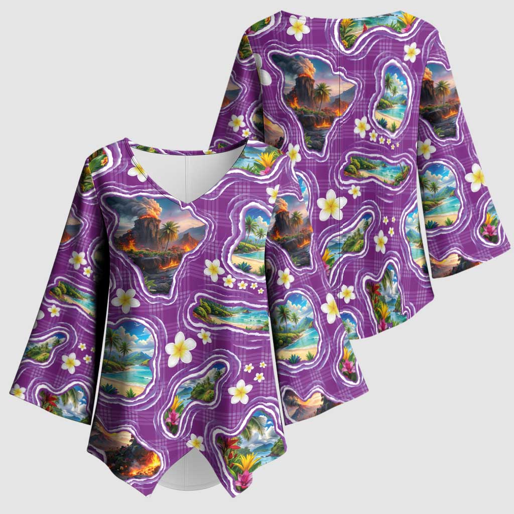 Hawaiian Island Shapes-Iconic Landscape Kimono Sleeve Blouse with Plumeria and Palaka Purple Color LT03 - Polynesian Pride