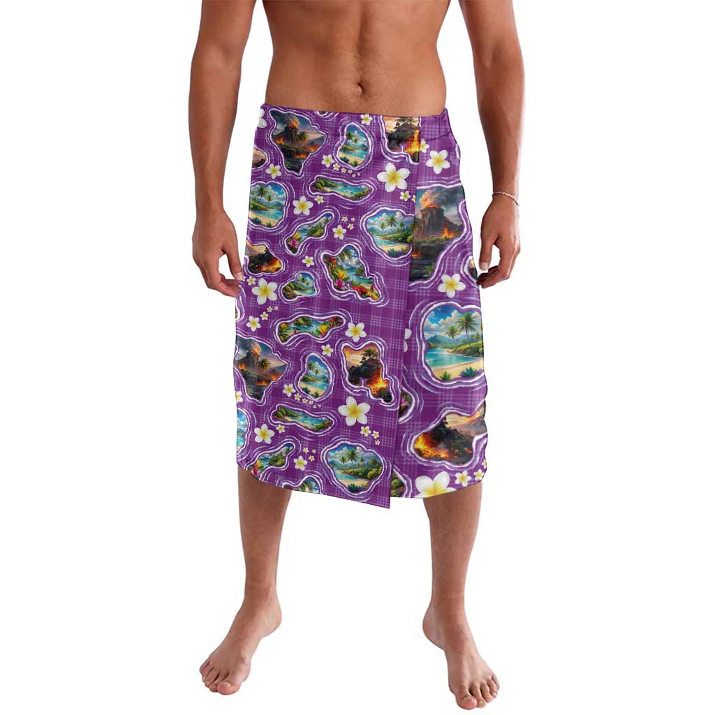 Hawaiian Island Shapes-Iconic Landscape Lavalava with Plumeria and Palaka Purple Color LT03 Purple - Polynesian Pride