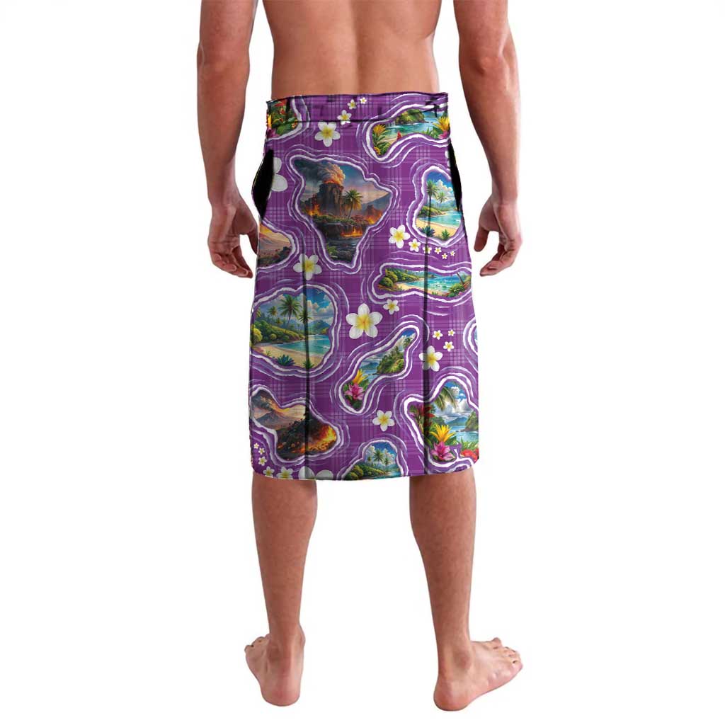 Hawaiian Island Shapes-Iconic Landscape Lavalava with Plumeria and Palaka Purple Color LT03 - Polynesian Pride
