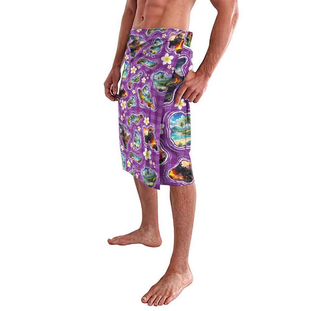 Hawaiian Island Shapes-Iconic Landscape Lavalava with Plumeria and Palaka Purple Color LT03 - Polynesian Pride