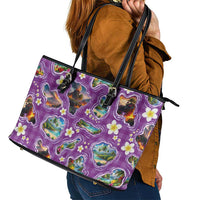 Hawaiian Island Shapes-Iconic Landscape Leather Tote Bag with Plumeria and Palaka Purple Color LT03 - Polynesian Pride