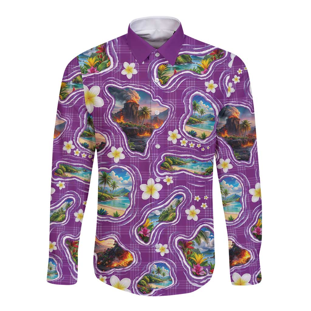 Hawaiian Island Shapes-Iconic Landscape Long Sleeve Button Shirt with Plumeria and Palaka Purple Color