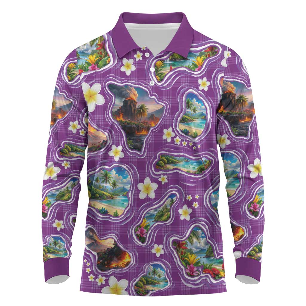 Hawaiian Island Shapes-Iconic Landscape Long Sleeve Polo Shirt with Plumeria and Palaka Purple Color