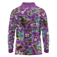 Hawaiian Island Shapes-Iconic Landscape Long Sleeve Polo Shirt with Plumeria and Palaka Purple Color LT03 - Polynesian Pride