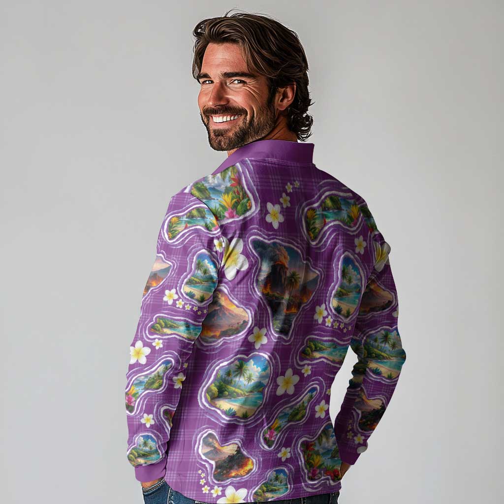 Hawaiian Island Shapes-Iconic Landscape Long Sleeve Polo Shirt with Plumeria and Palaka Purple Color LT03 - Polynesian Pride