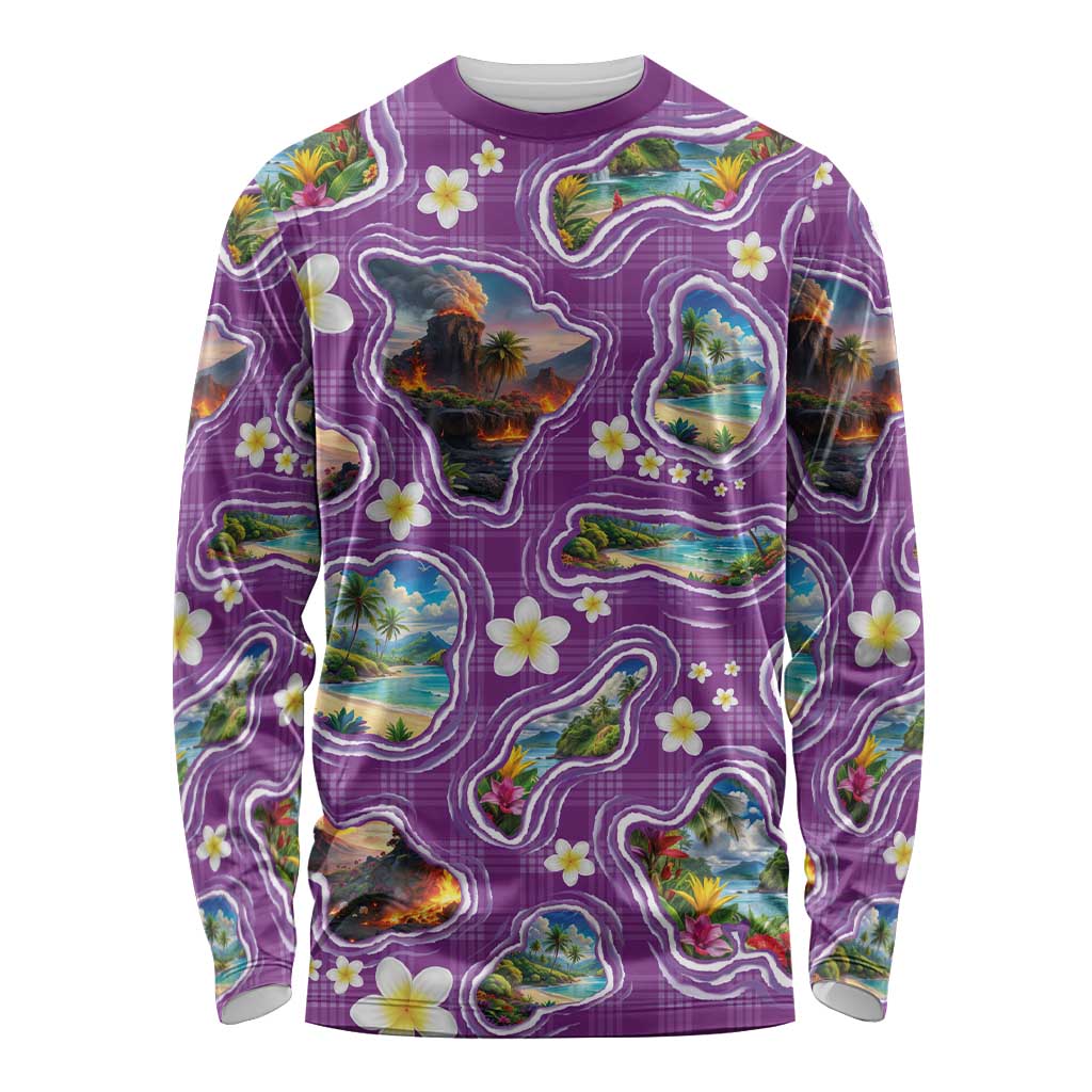 Hawaiian Island Shapes-Iconic Landscape Long Sleeve Shirt with Plumeria and Palaka Purple Color