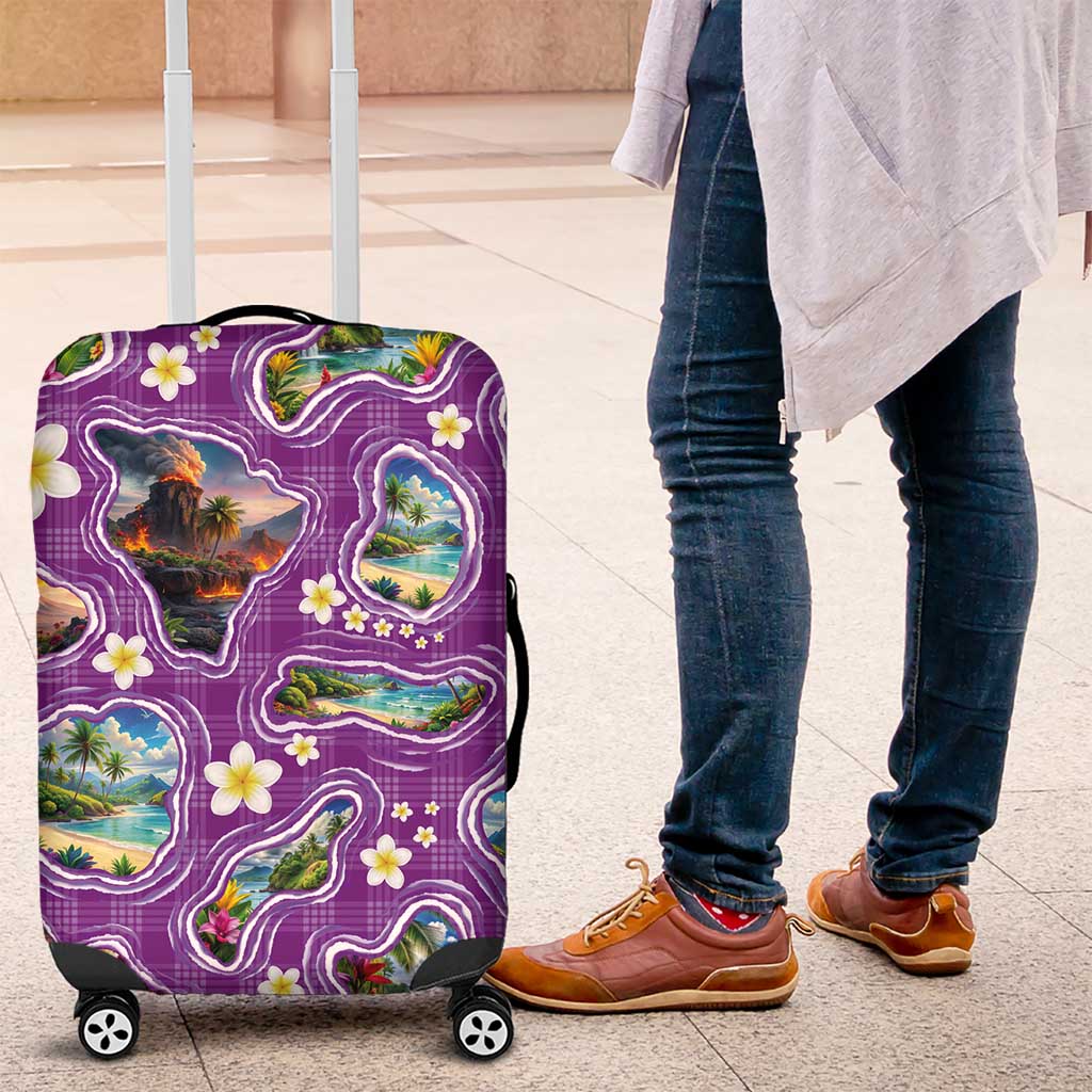 Hawaiian Island Shapes-Iconic Landscape Luggage Cover with Plumeria and Palaka Purple Color LT03 Purple - Polynesian Pride