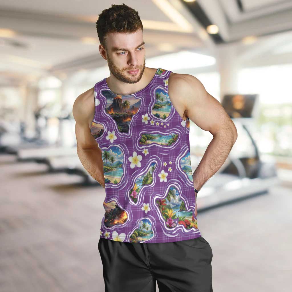 Hawaiian Island Shapes-Iconic Landscape Men Tank Top with Plumeria and Palaka Purple Color LT03 Purple - Polynesian Pride