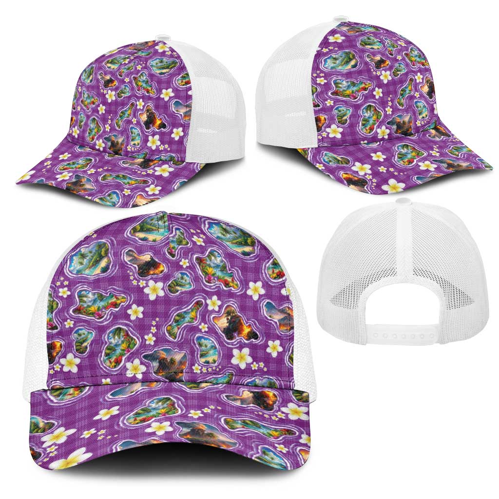 Hawaiian Island Shapes-Iconic Landscape Mesh Trucker Cap with Plumeria and Palaka Purple Color LT03 - Polynesian Pride