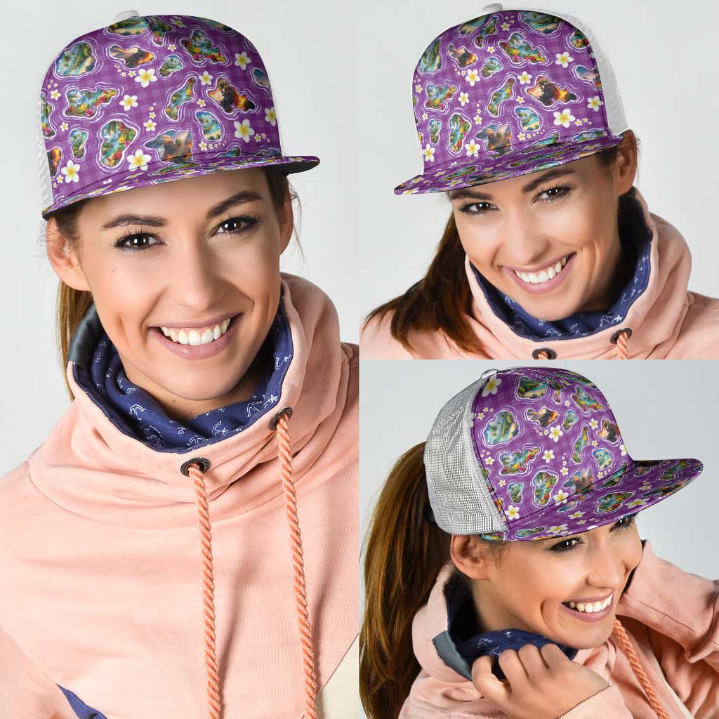 Hawaiian Island Shapes-Iconic Landscape Mesh Trucker Cap with Plumeria and Palaka Purple Color LT03 - Polynesian Pride