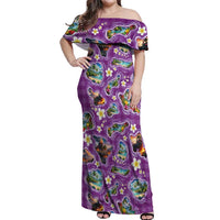 Hawaiian Island Shapes-Iconic Landscape Off Shoulder Maxi Dress with Plumeria and Palaka Purple Color LT03 Women Purple - Polynesian Pride