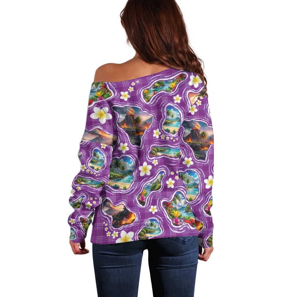Hawaiian Island Shapes-Iconic Landscape Off Shoulder Sweater with Plumeria and Palaka Purple Color LT03 - Polynesian Pride