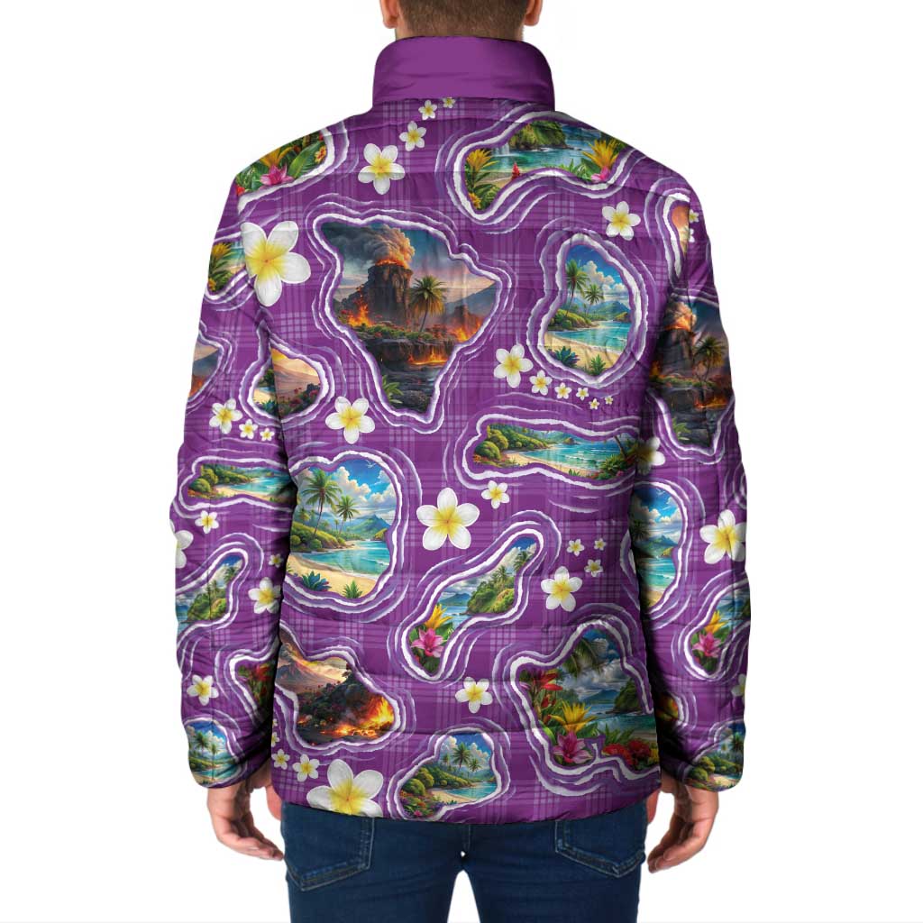 Hawaiian Island Shapes-Iconic Landscape Padded Jacket with Plumeria and Palaka Purple Color LT03 - Polynesian Pride