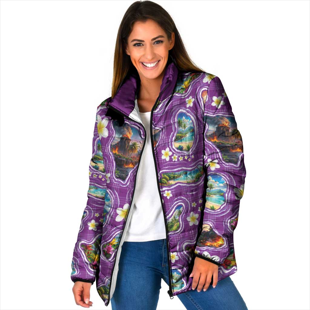 Hawaiian Island Shapes-Iconic Landscape Padded Jacket with Plumeria and Palaka Purple Color LT03 Women Purple - Polynesian Pride