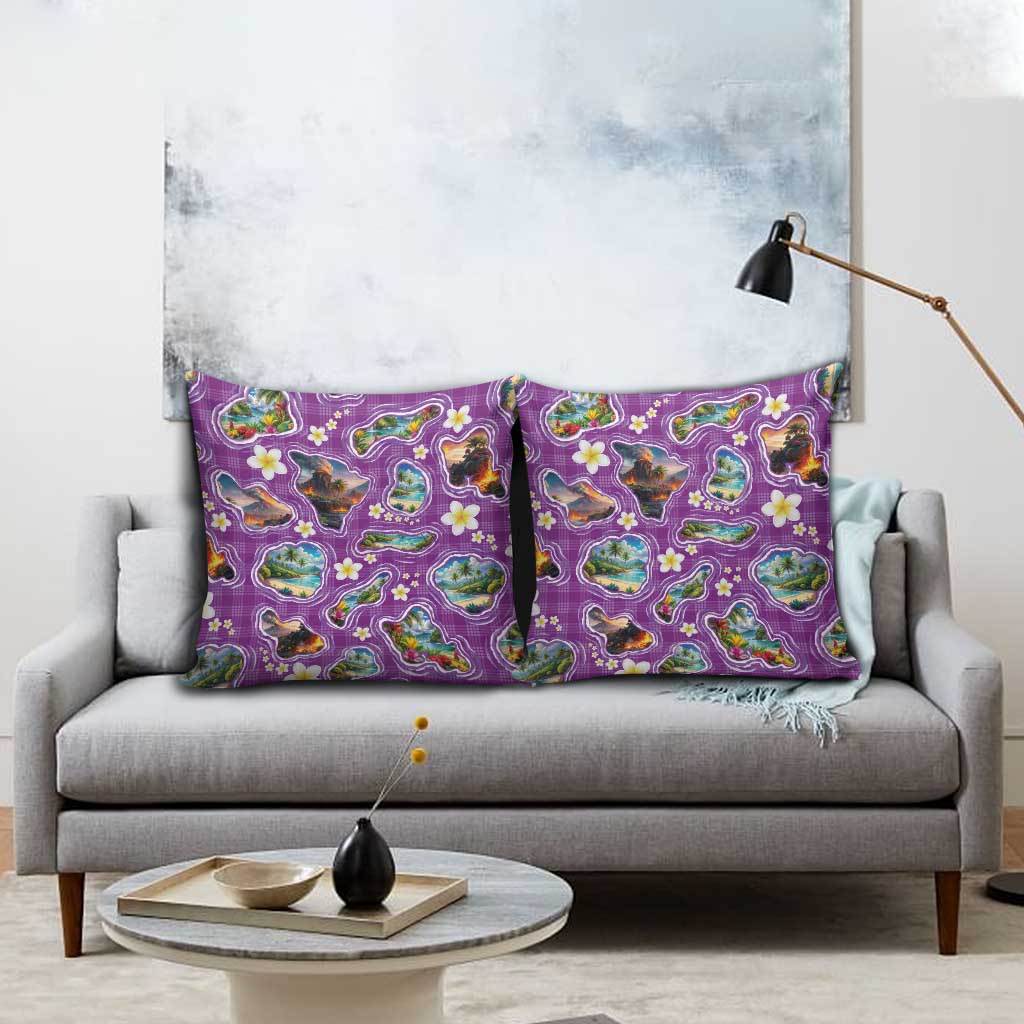 Hawaiian Island Shapes-Iconic Landscape Pillow Cover with Plumeria and Palaka Purple Color LT03 - Polynesian Pride