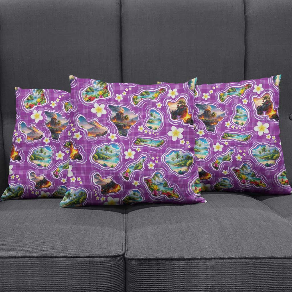 Hawaiian Island Shapes-Iconic Landscape Pillow Cover with Plumeria and Palaka Purple Color LT03 - Polynesian Pride