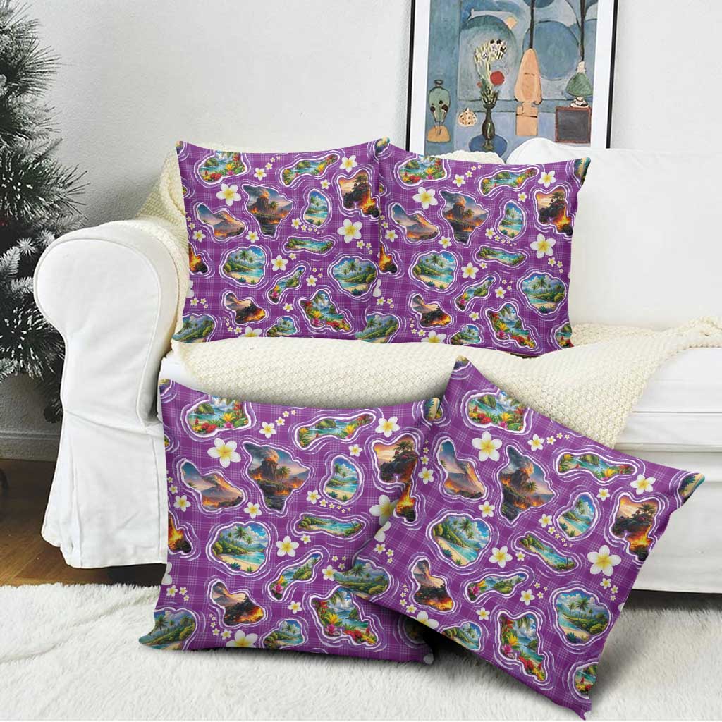 Hawaiian Island Shapes-Iconic Landscape Pillow Cover with Plumeria and Palaka Purple Color LT03 - Polynesian Pride