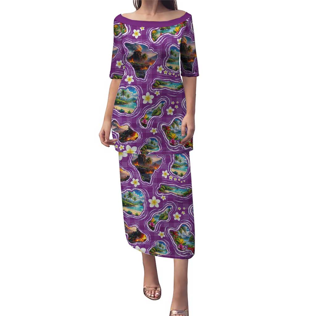 Hawaiian Island Shapes-Iconic Landscape Puletasi with Plumeria and Palaka Purple Color LT03 Long Dress Purple - Polynesian Pride