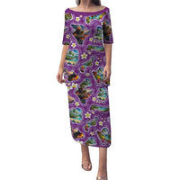 Hawaiian Island Shapes-Iconic Landscape Puletasi with Plumeria and Palaka Purple Color LT03 Long Dress Purple - Polynesian Pride