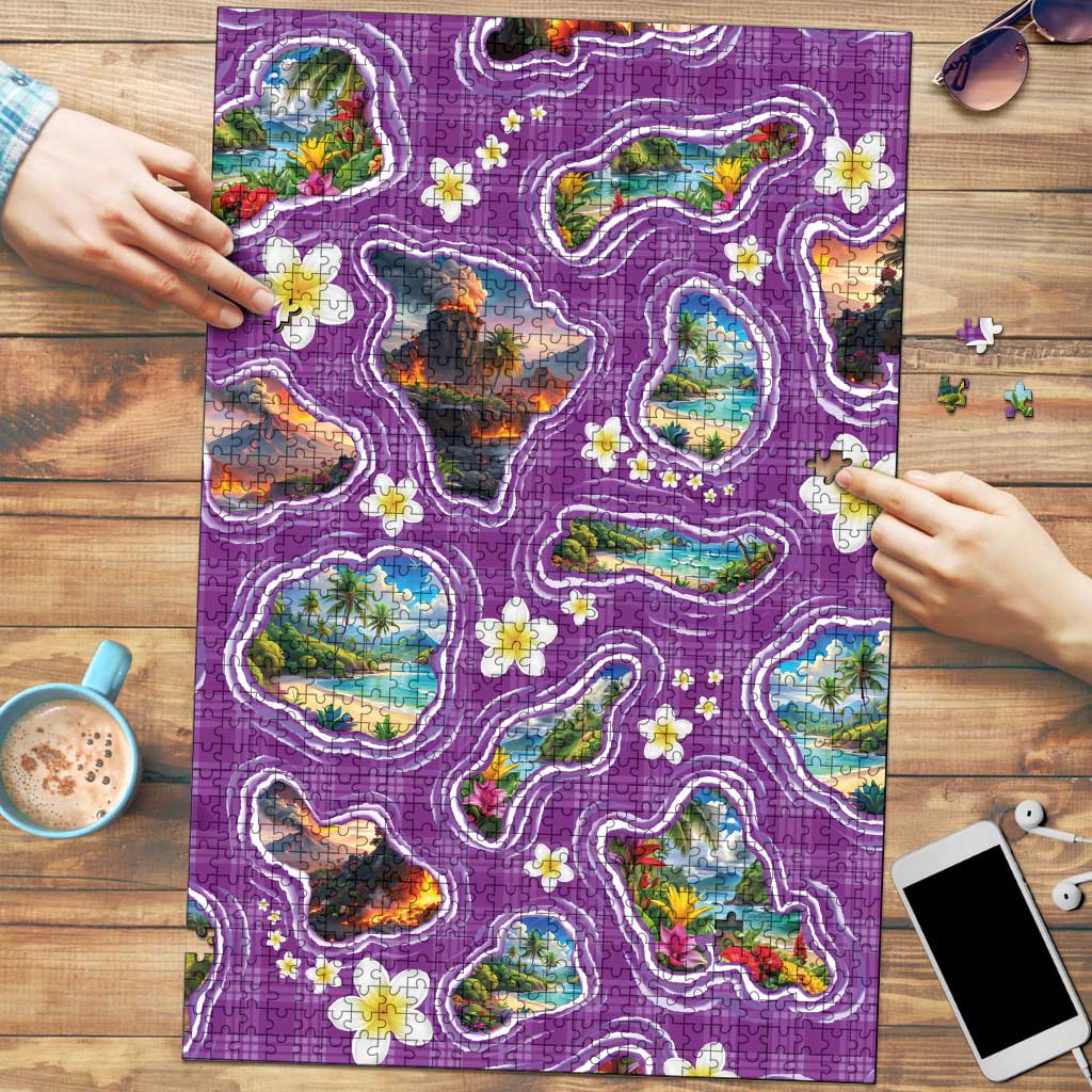 Hawaiian Island Shapes-Iconic Landscape Puzzle with Plumeria and Palaka Purple Color LT03 Purple - Polynesian Pride