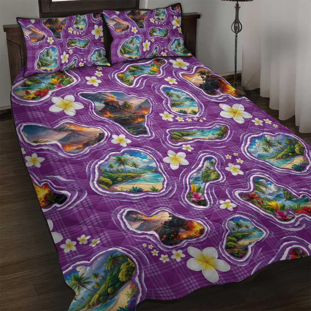 Hawaiian Island Shapes-Iconic Landscape Quilt Bed Set with Plumeria and Palaka Purple Color LT03 Purple - Polynesian Pride