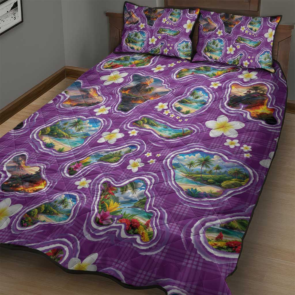 Hawaiian Island Shapes-Iconic Landscape Quilt Bed Set with Plumeria and Palaka Purple Color LT03 - Polynesian Pride