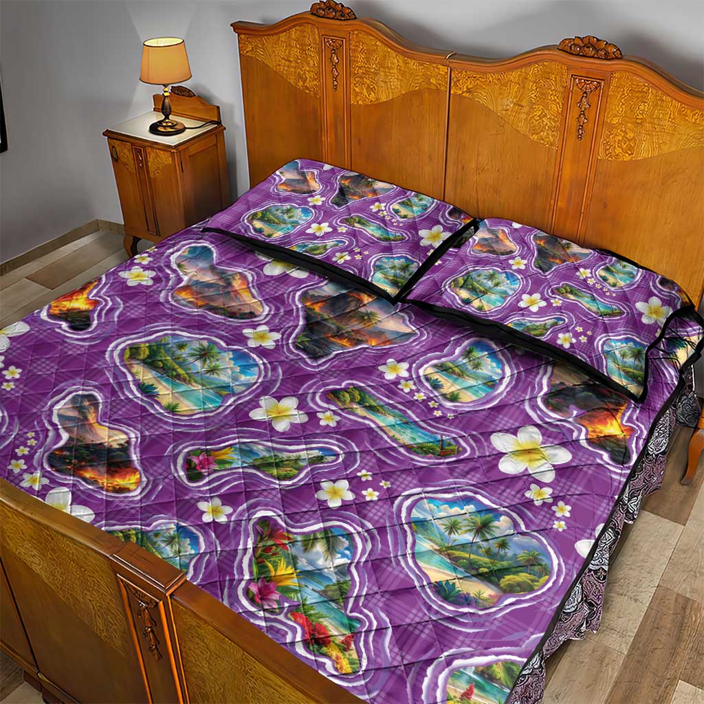 Hawaiian Island Shapes-Iconic Landscape Quilt Bed Set with Plumeria and Palaka Purple Color LT03 - Polynesian Pride