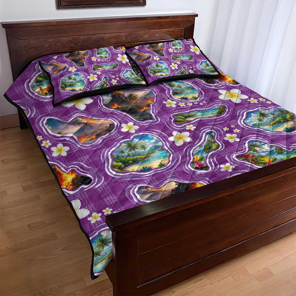 Hawaiian Island Shapes-Iconic Landscape Quilt Bed Set with Plumeria and Palaka Purple Color LT03 - Polynesian Pride