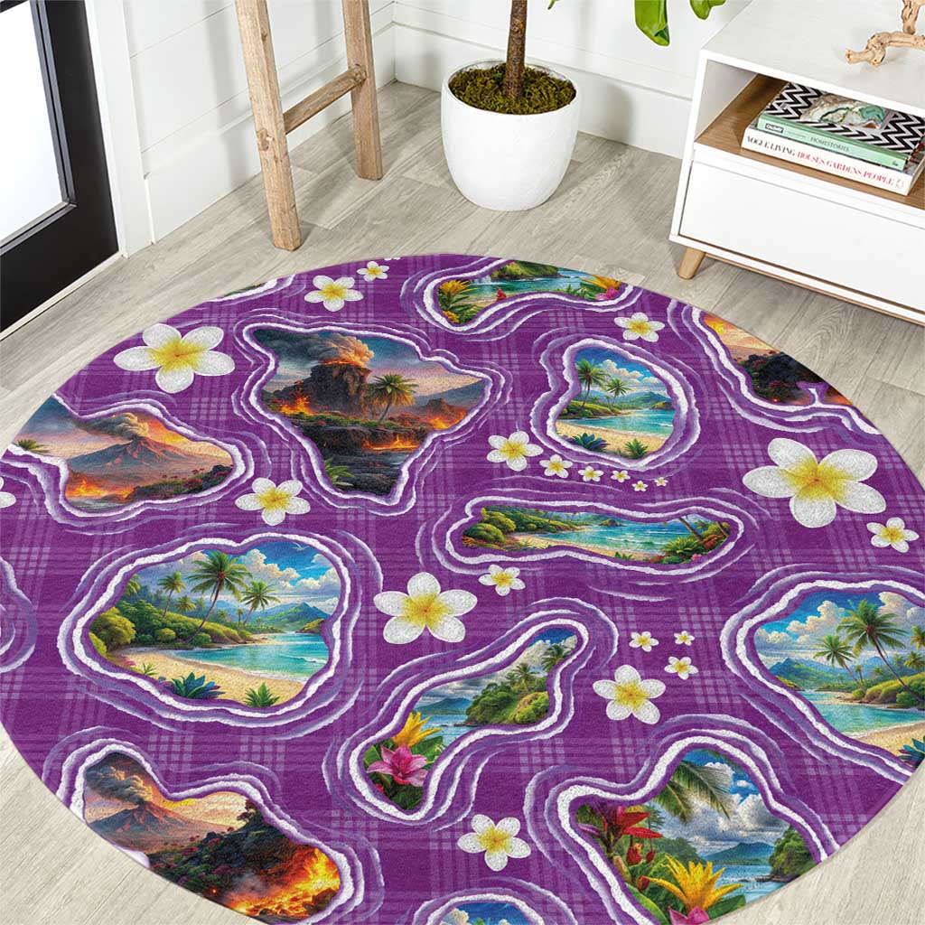 Hawaiian Island Shapes-Iconic Landscape Round Carpet with Plumeria and Palaka Purple Color LT03 Purple - Polynesian Pride