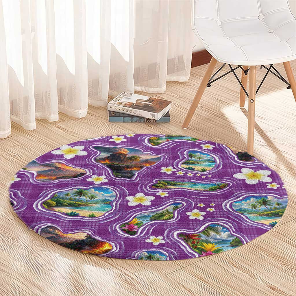 Hawaiian Island Shapes-Iconic Landscape Round Carpet with Plumeria and Palaka Purple Color LT03 - Polynesian Pride