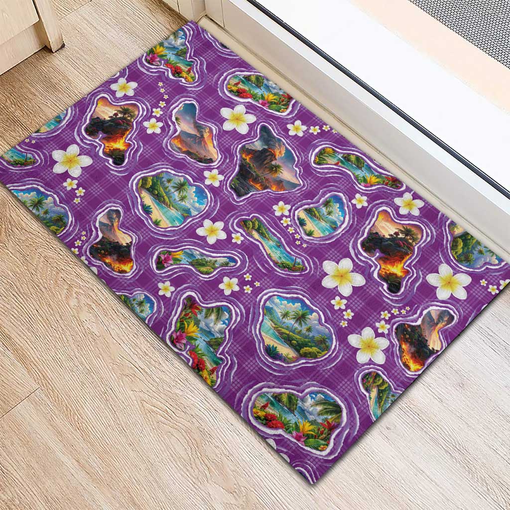 Hawaiian Island Shapes-Iconic Landscape Rubber Doormat with Plumeria and Palaka Purple Color LT03 - Polynesian Pride